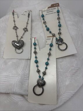 Lot of 3 Fashion Necklaces Eyeglass & ID Holder Silver Tone Heart Turquoise Boho